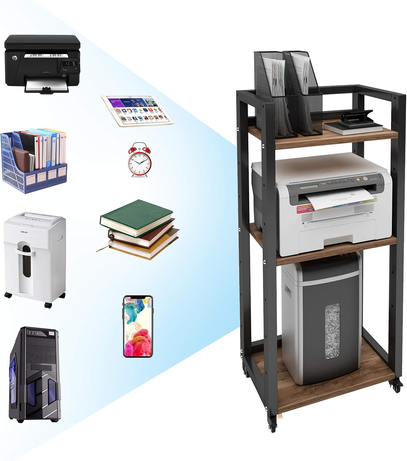 Natwind 3-Tier Movable Floor-Standing Printer Stand Shredder Stand Adjustable Storage Rack with Wheels Computer Host Stand Office Appliances Storage Shelf for Fax Scanner Files Books Stationery(Retro) : Office Products
