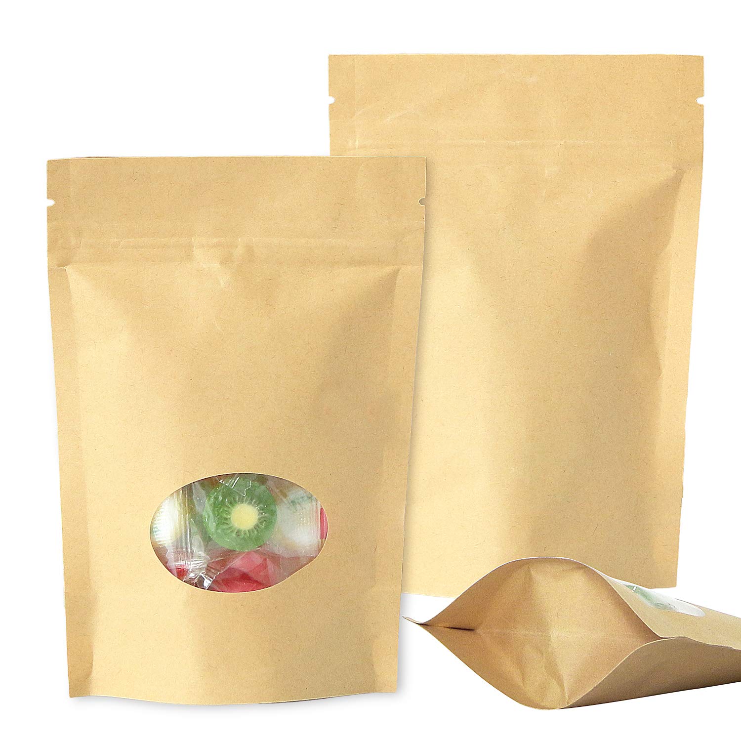 SumDirect 50Pcs 11x16cm Kraft Paper Bag Zipper Stand-up Reusable Sealing Bag with Transparent Window and Tear Notch for Storing,Cookie,Dried Foods,Snack (4.3x 6.2 inches)