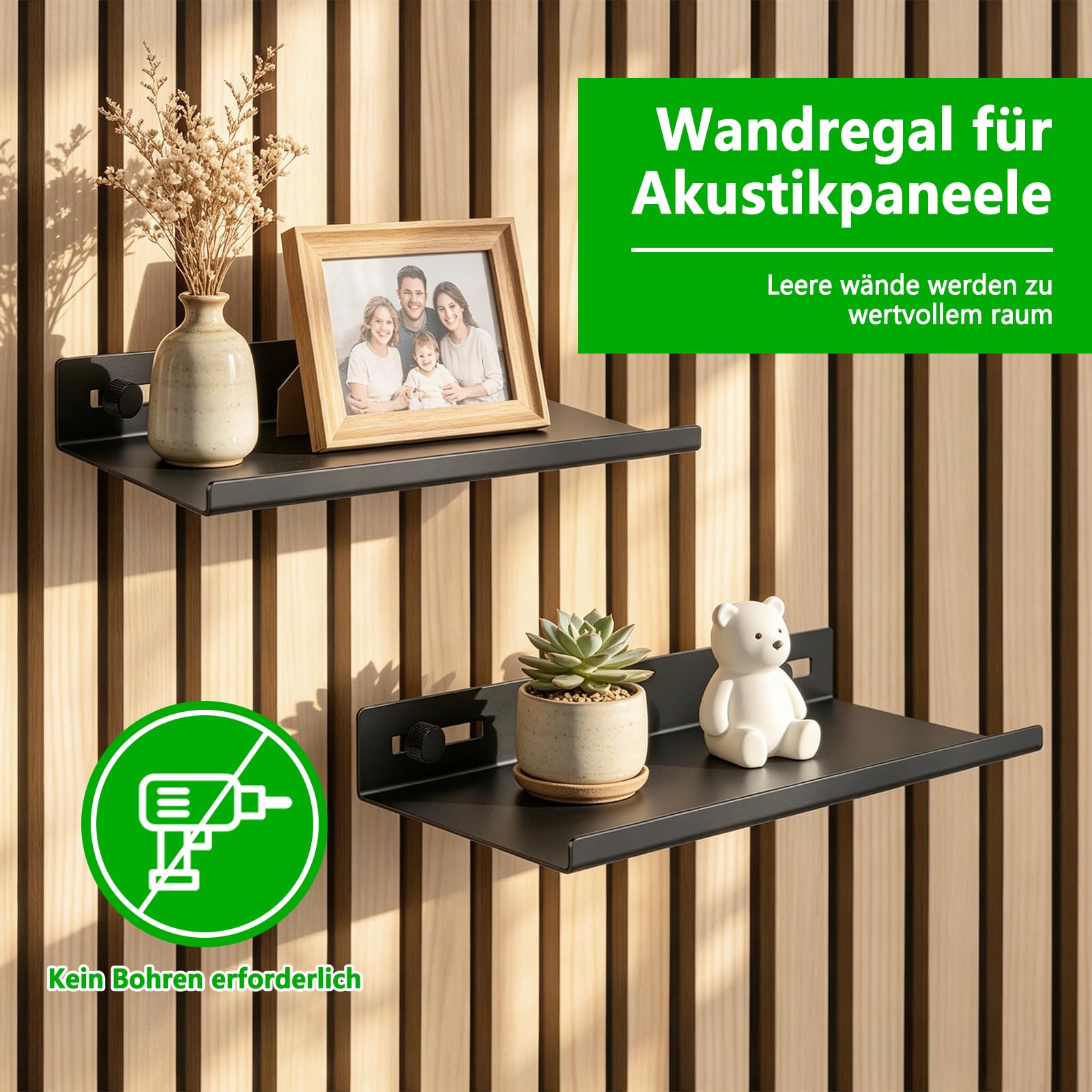 Hysagtek Regal für Akustikpaneel - 1 Stück Metall Zubehör Akustikpaneele Ohne Bohren, Schwarze Schweberegal für Wohnzimmer Schlafzimmer, Büro (30 * 10 cm) 4