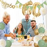 Yontree Sage Green Gold White 60th Birthday Decor Set Banner Balloons Cake view 6