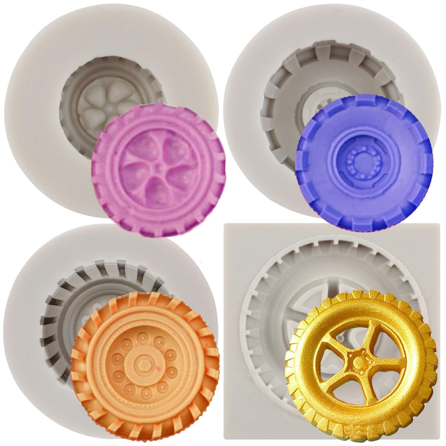MYPRACS Round Tire Fondant Mould Truck Wheel Silicone Moulds for Cake Decorating Cupcake Topper Sugar Craft Gum Paste Candy Chocolate Polymer Clay Soap Jelly Set of 4