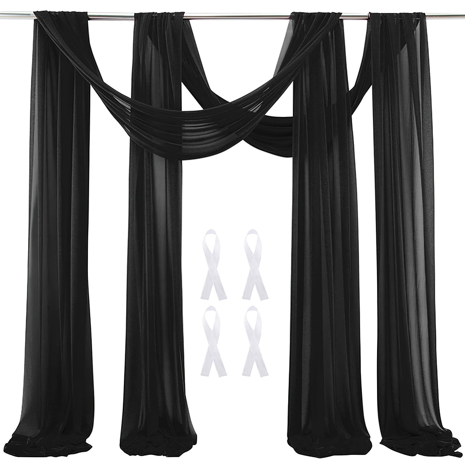 Wedding Arch Sheer Drapery Backdrop Voile Curtain Chiffon Draping Fabric 20Ft Sheer Curtains Arbor Drapery for Wedding Ceremony Reception Party Ceiling Decor, Black, 2 Panels