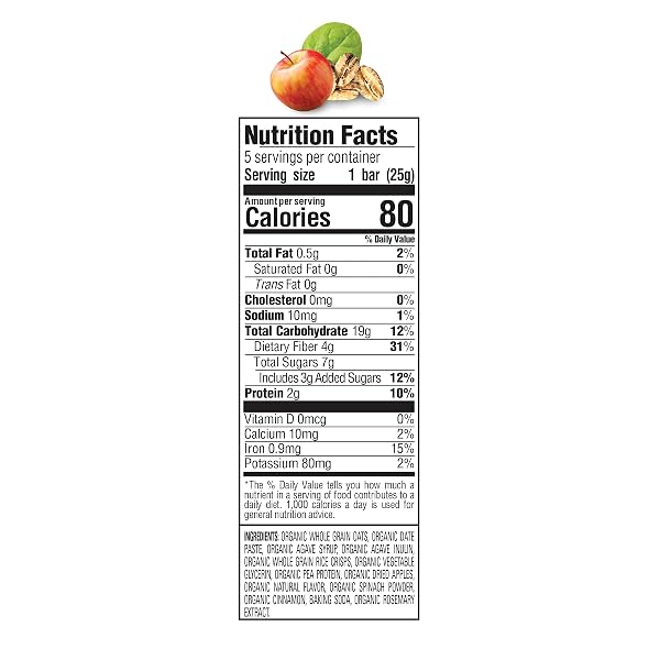 HAPPY TOT ORGANICS FIBER & PROTEIN SOFT-BAKED OAT ORGANIC TODDLER SNACK APPLE & SPINACH, ORGANIC GLUTEN FREE KOSHER NON-GMO, 4.4 OUNCE BARS (PACK OF 5)