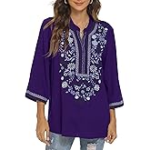 AK Embroidered Tops for Women 3/4 Sleeve Bohemian Mexican Floral Peasant Shirts Loose Tunic Blouses