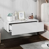 HedoAjim White Modern Floating Wall Mounted Nightstand with Drawer Storage Wood Bedside Table Small Wall Shelf for Bedroom Living Room