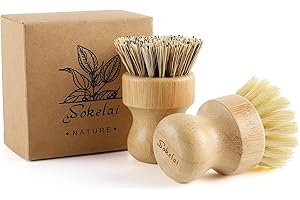 Bamboo Dish Scrub Brushes Set for Kitchen - Wooden Cleaning Scrubbers Brushes, Eco-Friendly Natural Dishes Washing Brush for 