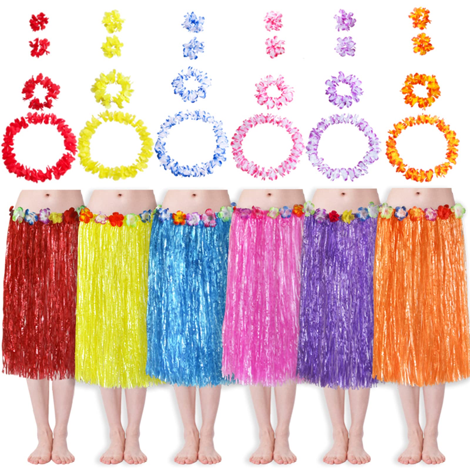 HBell 6 Set 30PCS Hawaiian Grass Skirt Garlands,Hawaiian Leis Bracelet Headband Necklace,Hawaii Luau Skirts Costume Fancy Dress,Only for Teens & Adults Summer Beach Tropical Party Decorations