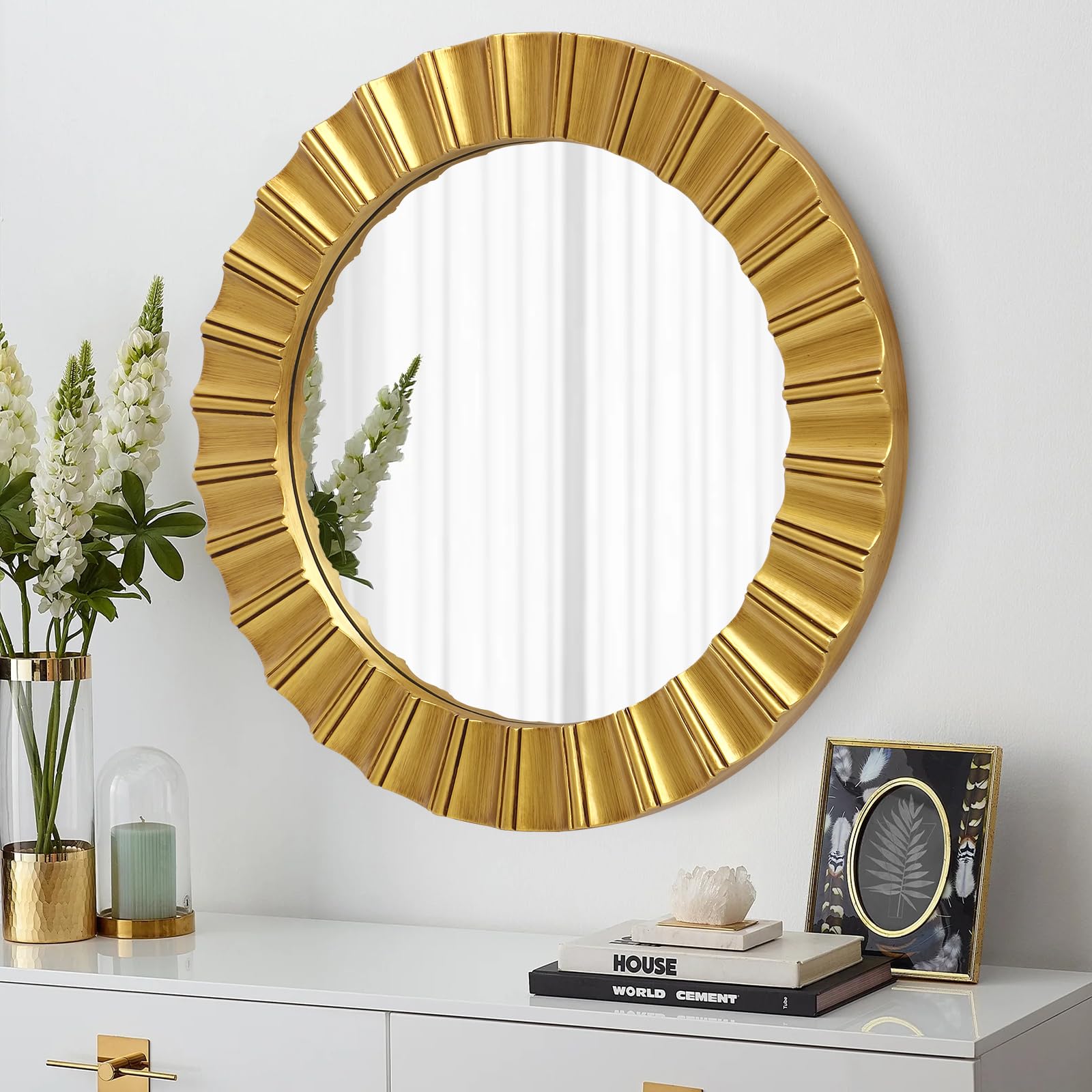 Photo 1 of Round Gold Mirrors for Wall Decor 26 Inch, Art Deco Mirror for Bathroom With Geometric Frame, Gold Circle Mirrors