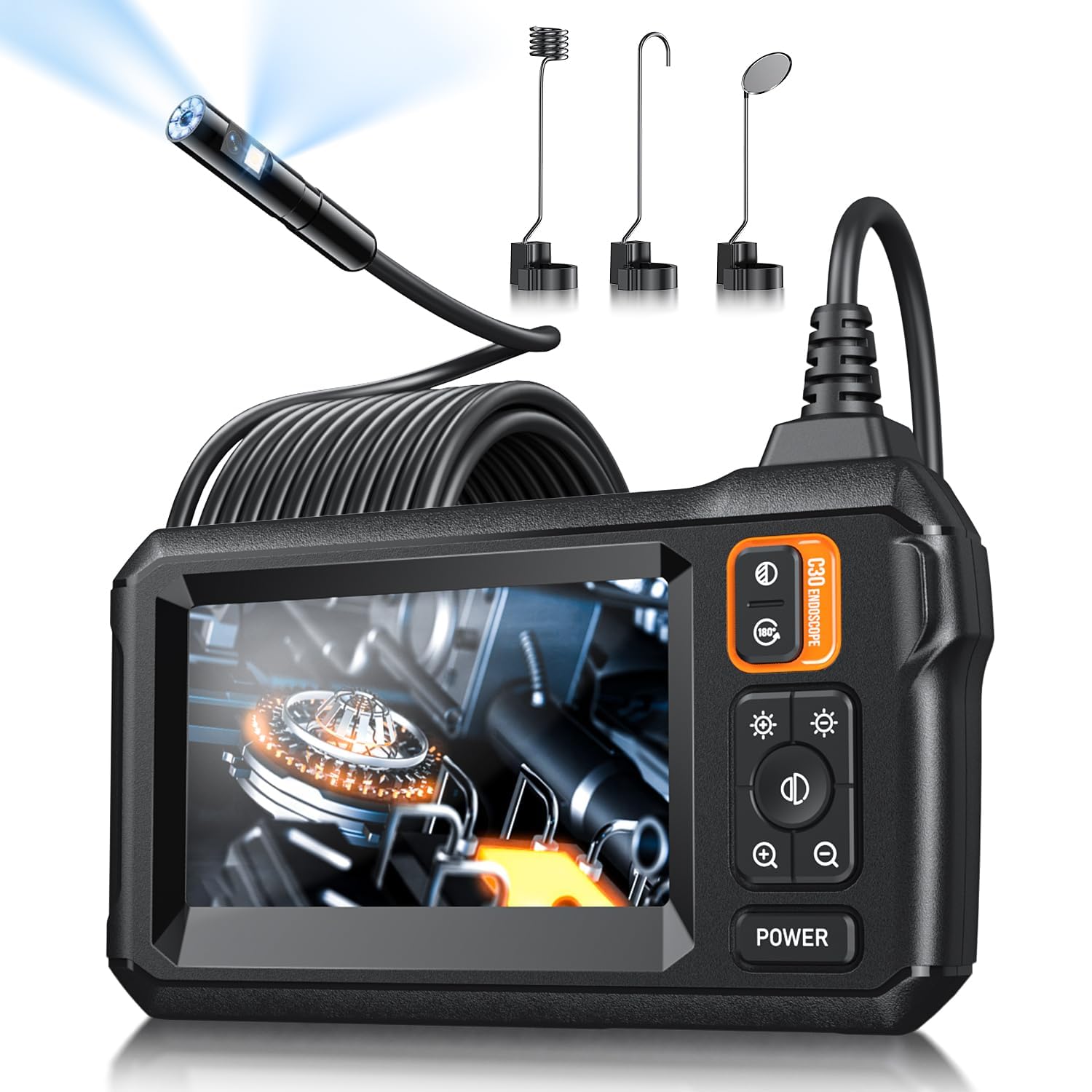 Endoscope Camera with Light, Inspection Borescope Camera with 4.3" IPS Screen, 1920P HD with 8 LED Lights, 16.5FT Semi-Rigid Cord Bore Scope, IP67 Waterproof Endoscope for Sewer, Dual Lens(Orange) Image