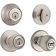 Weiser Yukon Satin Nickel Front Door Knob with Deadbolt, Reversible Exterior/Interior Entry Door Knob with Key and Deadbolt L