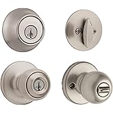 Weiser Yukon Satin Nickel Front Door Knob with Deadbolt, Reversible Exterior/Interior Entry Door Knob with Key and Deadbolt L
