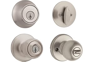 Weiser Yukon Satin Nickel Front Door Knob with Deadbolt, Reversible Exterior/Interior Entry Door Knob with Key and Deadbolt L