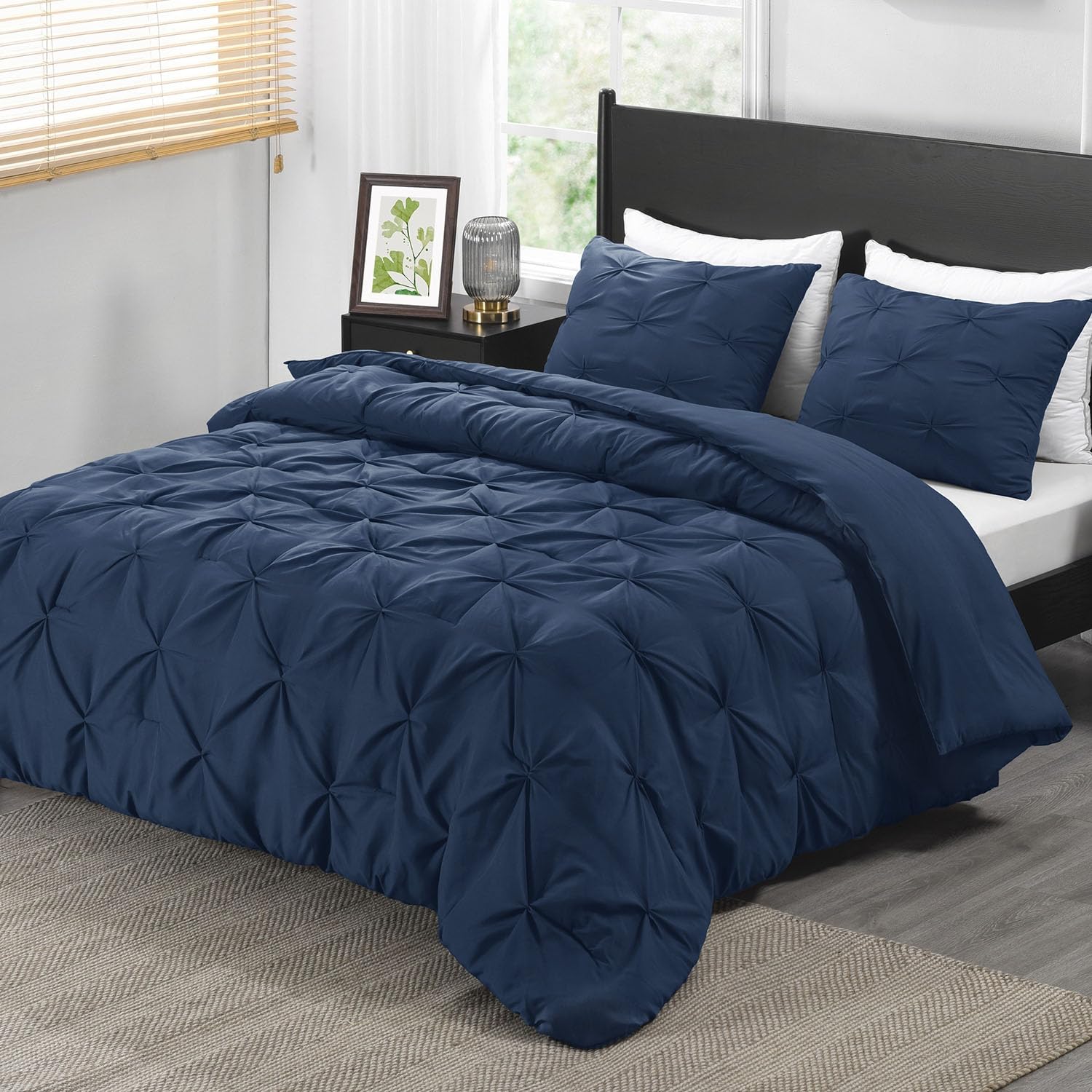 Photo 1 of downluxe Pintuck King Size Comforter Set with 2 Pillow Shams - 3-Piece - Navy King Comforter Set for All Seasons, Pinch Pleat Microfiber Down Alternative Bedding Comforter Sets