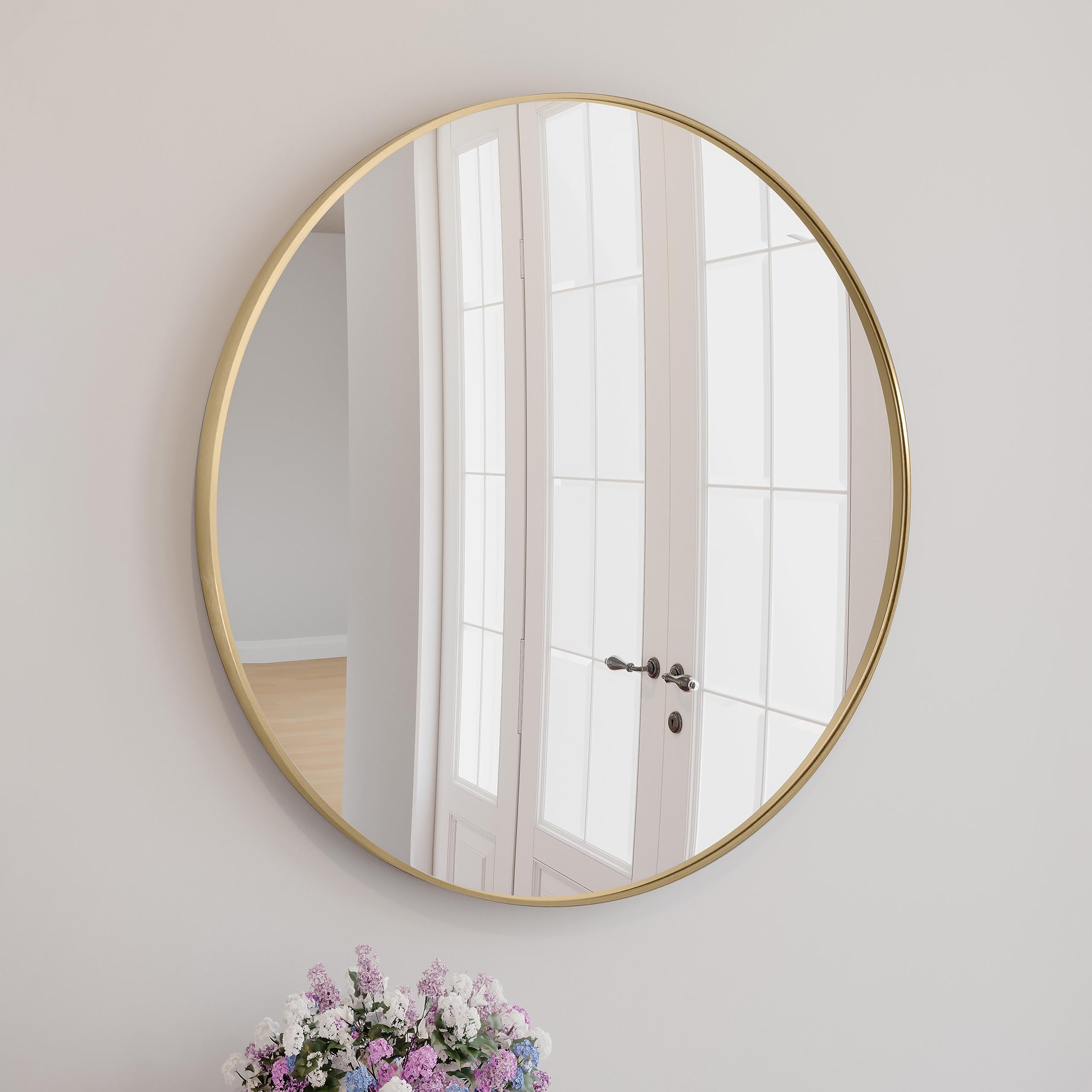 Photo 1 of Design House Kenna Round Wall Accent Mirror – 24-Inch, Modern Metal Framed – Living Room, Bedroom, Bathroom Vanity Mirror – Gold, 587188-GLD