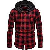 JG JENNY GHOO Flannel Hoodie for Men Hooded Flanel Shirt with Hood Lightweight Plaid Men's Casual Button-Down Shirts