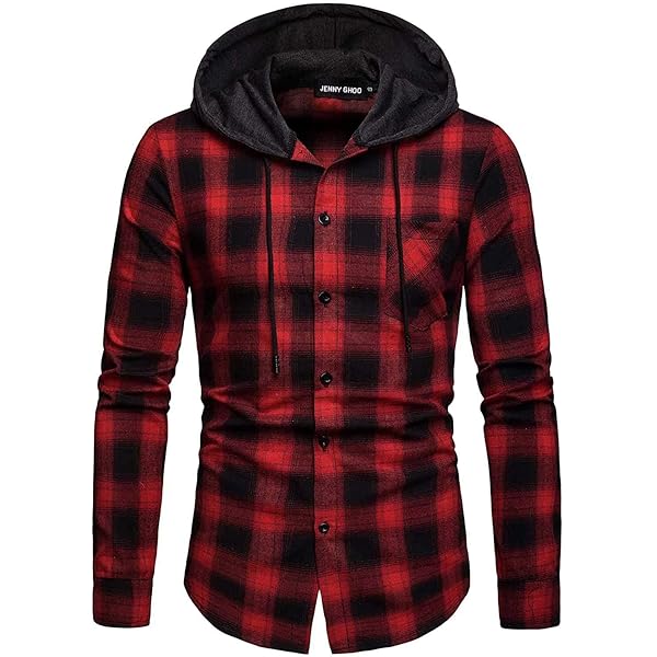Men's Hooded Flannel Shirt – Long Sleeve Plaid Button Down, Lightweight, Casual Shirt Jacket, Green Red Plaid, XX-Large