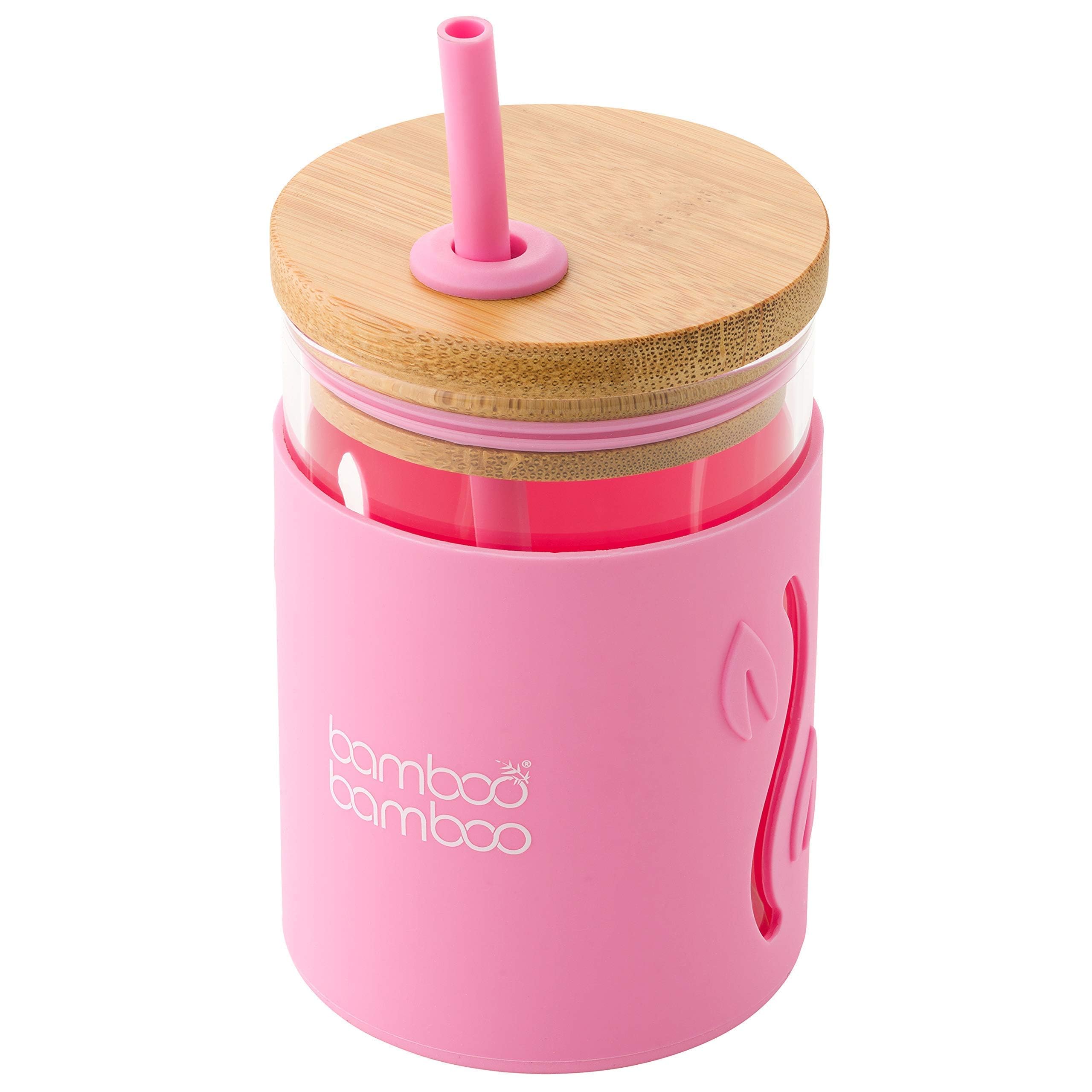 bamboo bamboo Sippy Cup, Straw Cups for Toddlers, Glass Jar with Bamboo Lid & Silicone Impact Sleeve, Perfect for Drinks & Smoothies, 350ml Capacity Baby Cup for Transitioning Toddlers (Pink)
