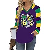 Mardi Gras Long Sleeve Shirts for Women: Funny Mask Graphic Tee Carnival V Neck Tshirt New Orleans Party Tops