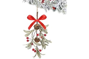 Giegxin 1 Piece Christmas Artificial Mistletoe Ornament with Red Bow Christmas Hanging Mistletoe Decoration Bouquet Floral Natural Pine Cones Holiday Decoration Ornament Bouquet (Stylish Style)