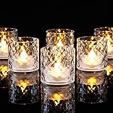 Homemory 2" x 2" Acrylic Votive Candle Holders with Auto Timer Flameless Led Tealight, Battery Powered Fake Electric Candles for Wedding Centerpiece, Table, Christmas Decor (6Pack, Clear Base)