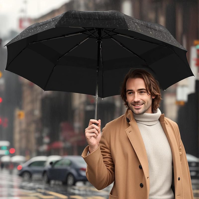 Guarda-chuva Dobrável Automático Compacto Resistente ao Vento (Duplo Preto) — foto 6 de 6