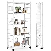 Himix 5-Tier Storage Folding Shelf with 20 Hooks, 4 Wheels, and Adjustable Feet, Stainless Steel