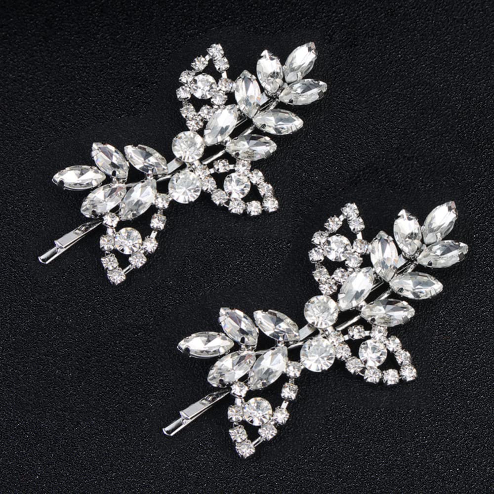 2 Pcs Rhinestone Hair Clips Shining Hair Barrettes Bridal Hair Barrettes Pins Leaf Wedding Hairpin Bride Pearl Crystal Hair Clips Silver Rhinestone Barrette Elegant Bridal Hair's Accessories