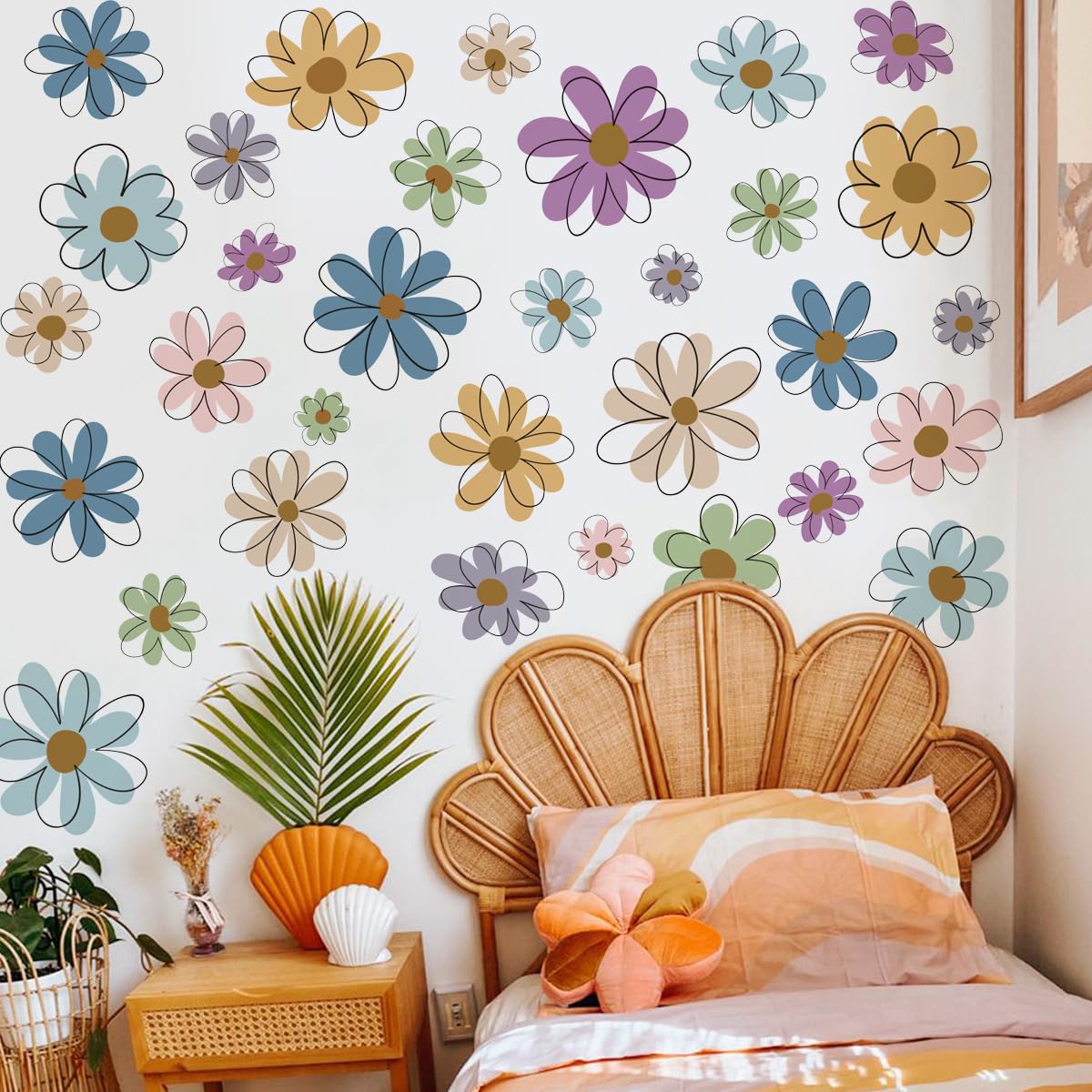 Runtoo Daisy Wall Decals Floral Boho Flower Wall Art Stickers for Girls Bedroom Nursery Kids Wall Decor