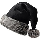 FUEAWIM Black Christmas Santa Hat for Adults Plush Christmas Headwear for Women Men Xmas Holiday New Year Party