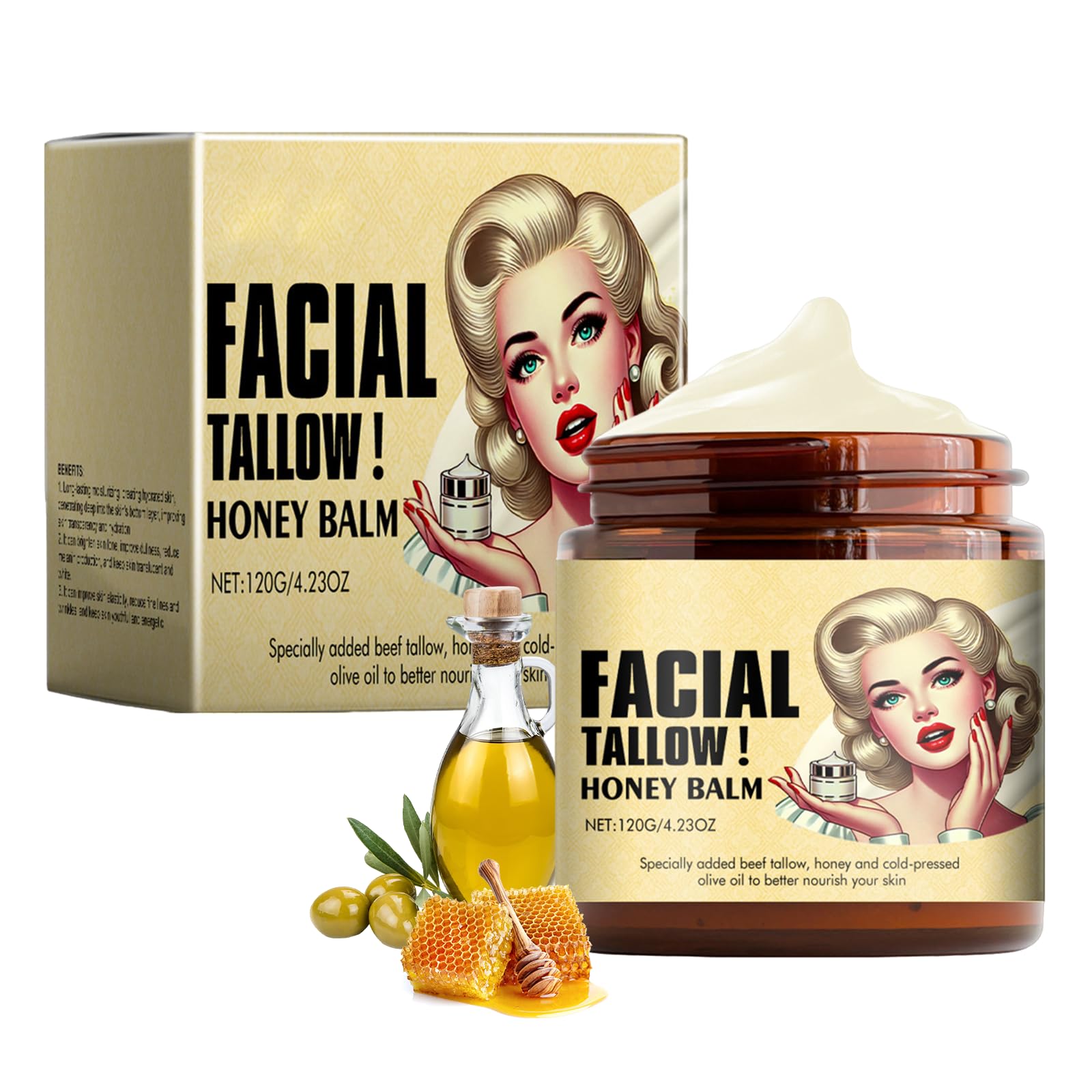 Pure Tallow Balm, 120g Beef Tallow Skin Care, 100% Natural Tallow and Honey Balm,Organic Wrinkle Defense Moisture Tallow Cream for Face, Body