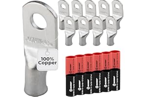 SELTERM - 10pcs 6AWG 1/4" (width) battery lugs, ring terminal connectors with 12pcs black and red 3:1 heat shrink tubing with
