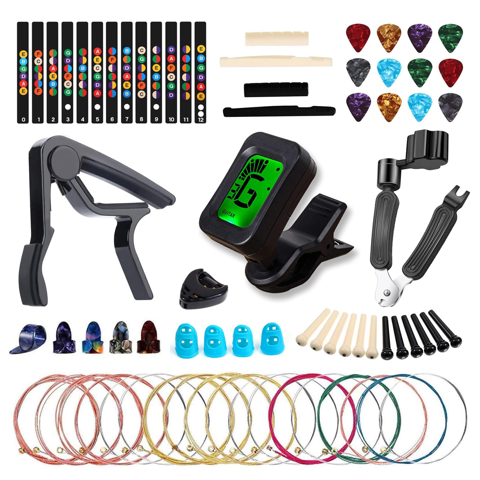 Photo 1 of 60PCS Acoustic Guitar Accessories Kit Including Guitar Strings, Tuner, Capo, 3-in-1 Restring Tool, Pick Holder, Bridge Pins, Nuts & Saddles, Finger Protector, Finger Picks, Fretboard Stickers