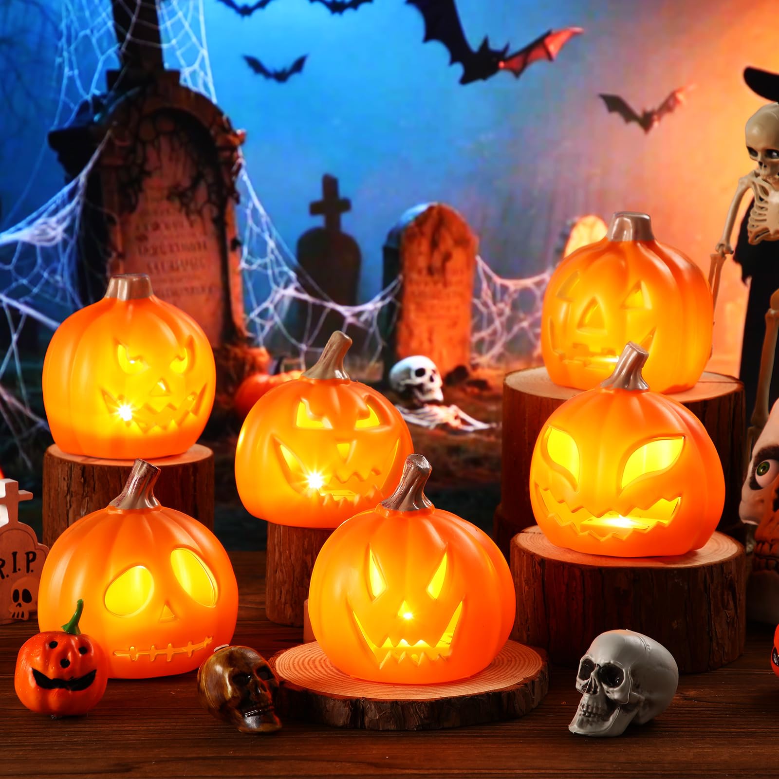 Photo 1 of Pinkunn 6 Pcs Light up Jack O Lantern Halloween Pumpkin Lights Scary Glowing Plastic Pumpkin Lamp 5.25 Inch Halloween Props with LED Indoor Outdoor Table Yards Garden Decor(Orange Light)
