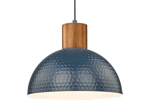ELYONA Industrial Pendant Light 12" Hammered Metal Dome Hanging Lamp Solid Wood Pendant Light Fixtures for Kitchen Island, Farmhouse, Dining Room, Sink, Bedroom, Hallway, Modern Blue