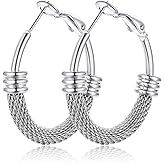 KeyStyle Mesh Hoop Earrings for Women, Stainless Steel Gold Hoops Earring Lightweight Loops, 2MM Thick Hypoallergenic Circle Endless Hollow Hoop 20mm-80mm