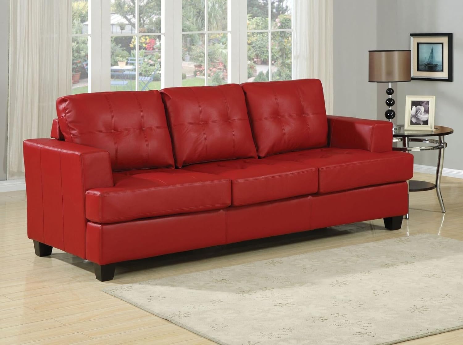 Q Max Red Bonded Leather Buttonless Tufted Sofa With Queen Size