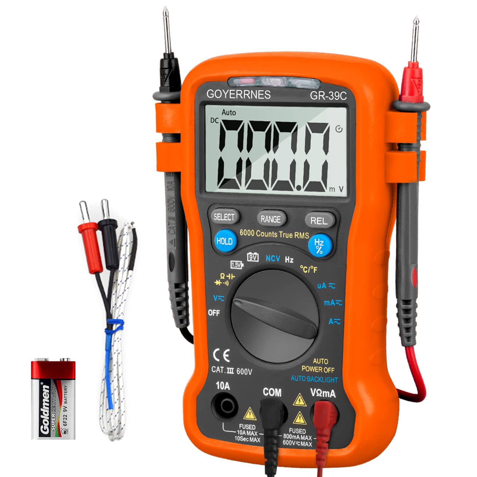 Mini Digital Multimeter TRMS 6000 Counts AC DC Amp Meter, GR-39C Non-Contact Voltage Tester Automatic Measuring DC/AC Voltage, Current, Resistance, Capacity, Continuity Buzzer