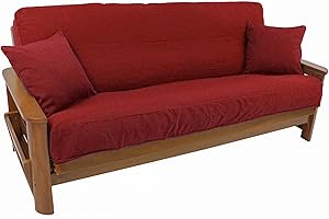 Blazing Needles Solid Twill 8" to 9" Futon Cover Set with 2 Throw Pillows (Set of 3), Full, Ruby Red