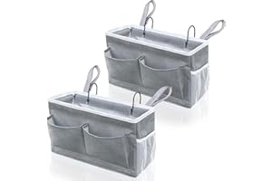 Kanrichu 2pcs Bedside Caddy, 14.6'' Large Storage Organizer, Hanging Bag Holder with Pockets for Bedroom, Loft Bed Tent, Top Bunk bed Shelf Accessories (Grey)