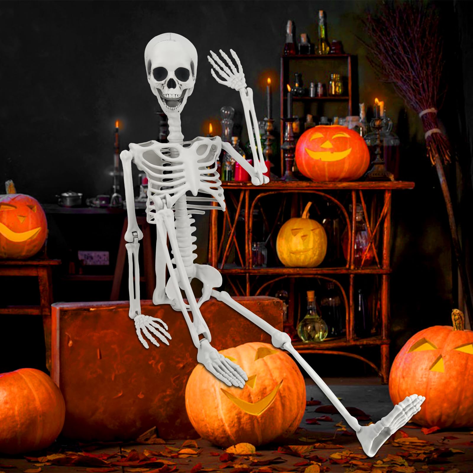 Photo 1 of 36" Skeleton Halloween Decor, 3FT Posable Halloween Skeleton Decorations, Realistic Full Body Plastic Skeleton for Halloween Party Decor, Haunted House Graveyard Props Indoor Outdoor Decorations