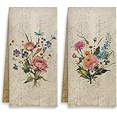 Fuasei Vintage Floral Kitchen Towels Set of 2, Retro Floral Dish Towels Tea Towels for Kitchen, Vintage Wildflower Hand Towels for Bathroom, Retro Wildflower Kitchen Bathroom Decor, 16x24 Inch(02)
