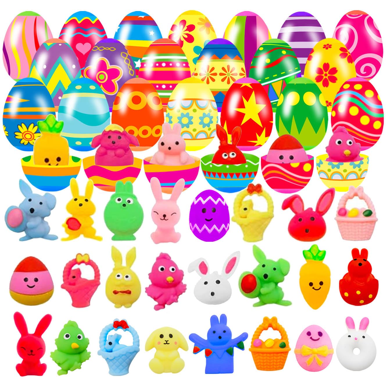 24 Pack Prefilled Easter Eggs with Squishy Toys Inside Bright Colorful Easter Eggs with Fidget Toys Great for Kids Girls Boys Easter Basket Stuffers Eggs Fillers Party Favors Gifts