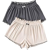 OYOANGLE Women's 2 Pack Ribbed Pajama Shorts Frill Trim Elastic Waist Comfy Sleep Lounge Shorts Loungewear