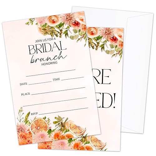 AWDSTN Citrus Bridal Brunch Invitations, Orange Bridal Shower Invitations, Bright Floral Wedding Invitations with Envelopes for Bridal Shower Wedding Engagement, Bride-To-Be Party Supplies -07