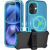CONWOE Magnetic for iPhone 16 Case,with Belt Clip,[Compatible with Magsafe] W/Tempered Glass Screen Protector,Anti-Drop,Shockproof,Heavy Duty Protection (Lake Blue)
