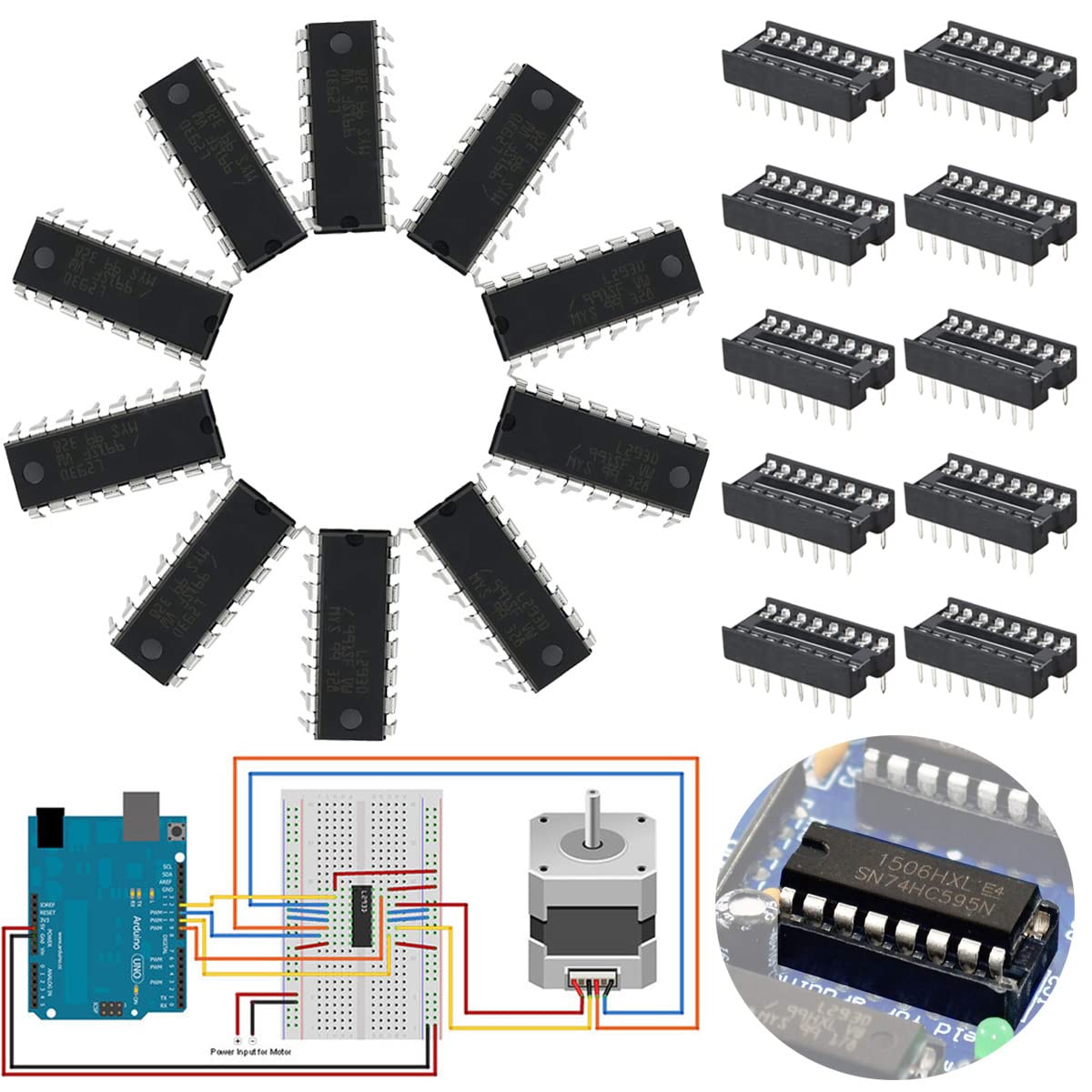 Youmile 10PCS L293D DIP16 Stepper Motor Drivers Controller FOUR CHANNEL MOTOR DRIVER IC 36V 600mA + Round Hole IC socket 16PIN