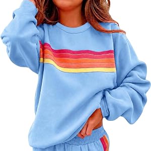 Jianekolaa Women's Crew Neck Sweatshirt Fashion Rainbow Stripe Color Block Long Sleeve Loose Fit Casual Fall Pullover Tops