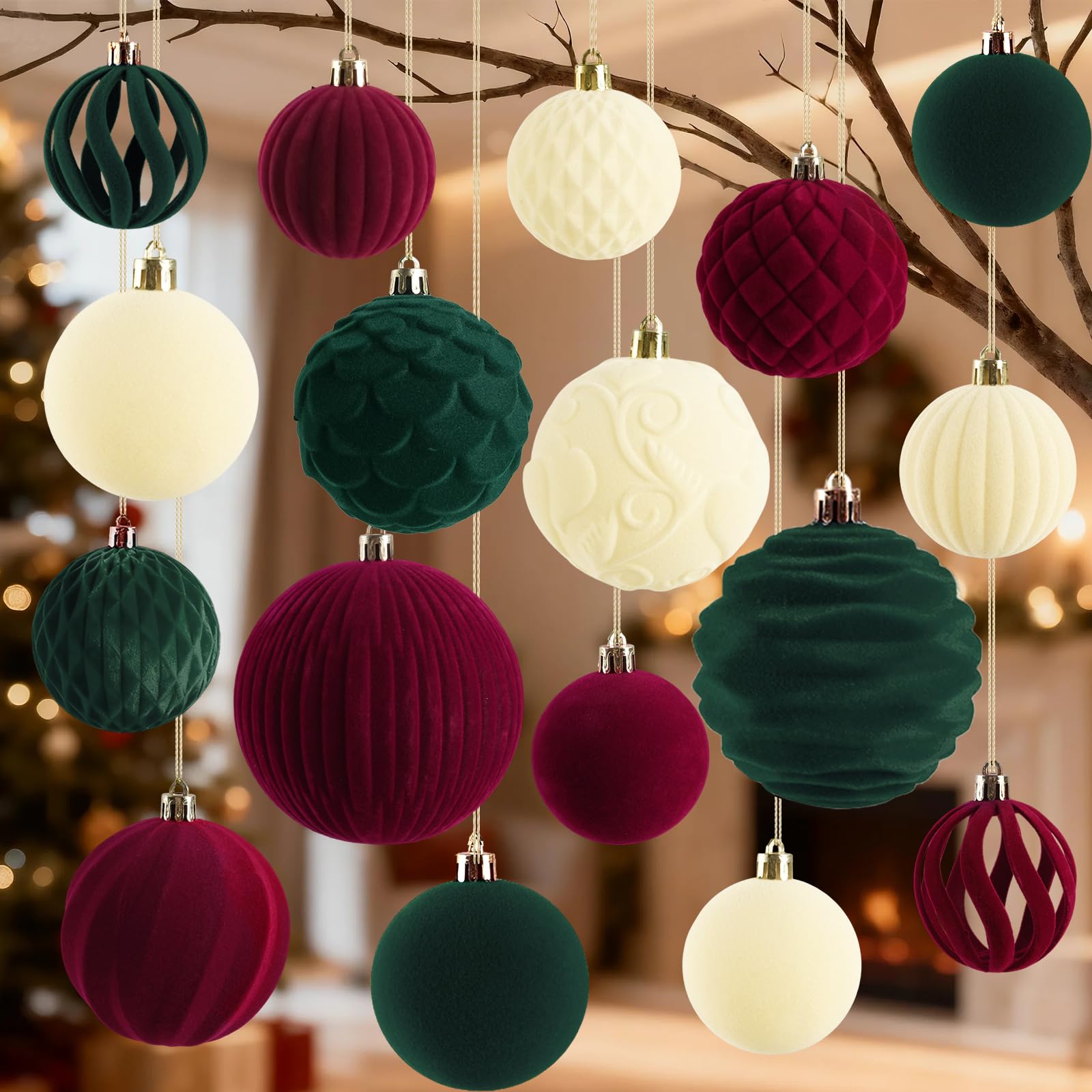 Photo 1 of 18Pcs Velvet Christmas Tree Ornaments Set, Flocked Hanging Christmas Balls Ornaments, Red Green White Shatterproof Decorative Hanging Ball Decorations Assortment for Xmas Tree Holiday Home Party Decor