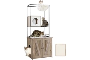 DWANTON Cat Tree with Litter Box Enclosure, All-in-one Modern Cat Tower with Condo, Hammock, Food Station, Scratching Mat, Washable Cushions, Reversible Entrance, 57.9-Inch, Greige