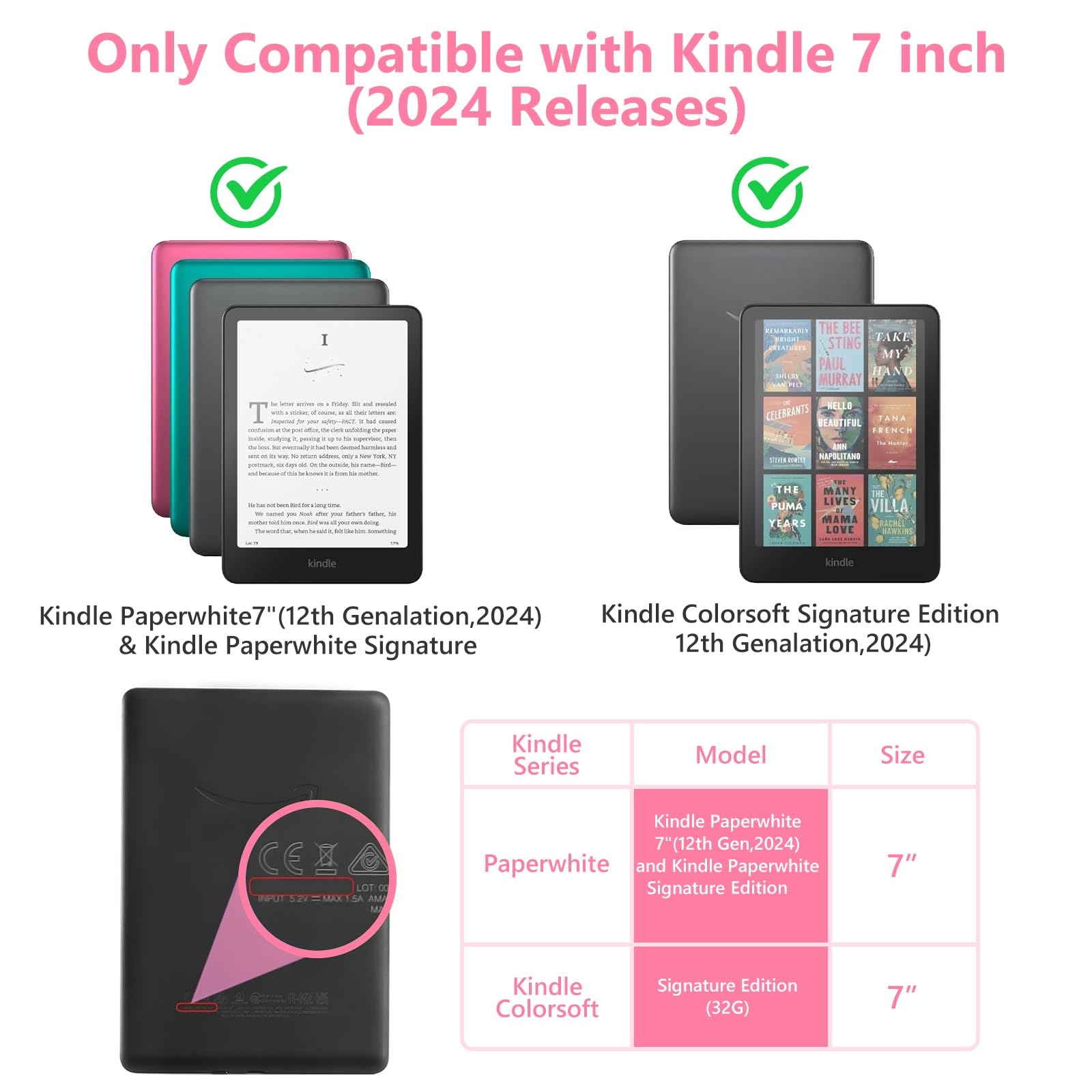 aMZCaSE for Kindle Paperwhite 7 inch (12th Gen 2024), Light Pink | Slim Durable PU Case | Smart Sleep/Wake | Compatible with Kindle